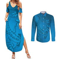 Blue Gradient Polynesia Couples Matching Summer Maxi Dress and Long Sleeve Button Shirt Hawaiian Tribal Hammerhead Shark Tattoo LT14 Blue - Polynesian Pride