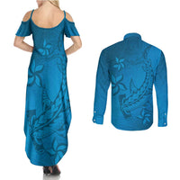 Blue Gradient Polynesia Couples Matching Summer Maxi Dress and Long Sleeve Button Shirt Hawaiian Tribal Hammerhead Shark Tattoo LT14 - Polynesian Pride