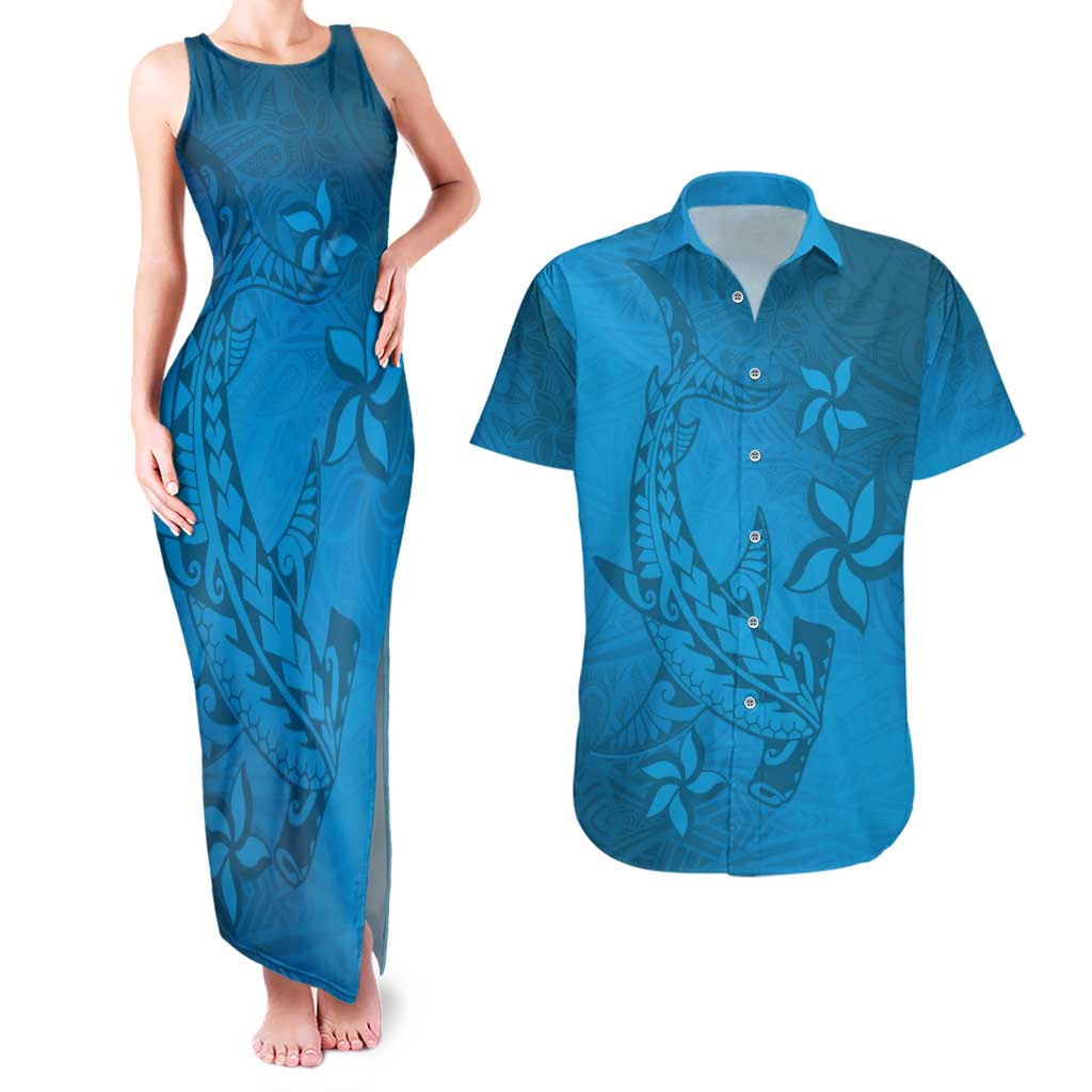 Blue Gradient Polynesia Couples Matching Tank Maxi Dress and Hawaiian Shirt Hawaiian Tribal Hammerhead Shark Tattoo LT14 Blue - Polynesian Pride