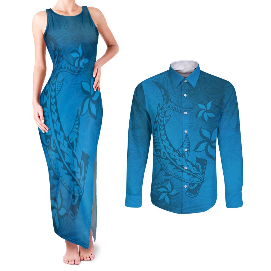 Blue Gradient Polynesia Couples Matching Tank Maxi Dress and Long Sleeve Button Shirt Hawaiian Tribal Hammerhead Shark Tattoo LT14 Blue - Polynesian Pride