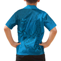 Blue Gradient Polynesia Family Matching Off The Shoulder Long Sleeve Dress and Hawaiian Shirt Hawaiian Tribal Hammerhead Shark Tattoo