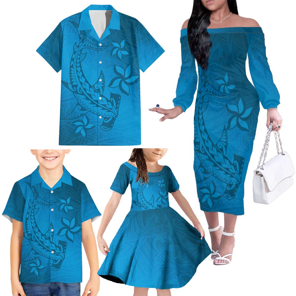 Blue Gradient Polynesia Family Matching Off The Shoulder Long Sleeve Dress and Hawaiian Shirt Hawaiian Tribal Hammerhead Shark Tattoo