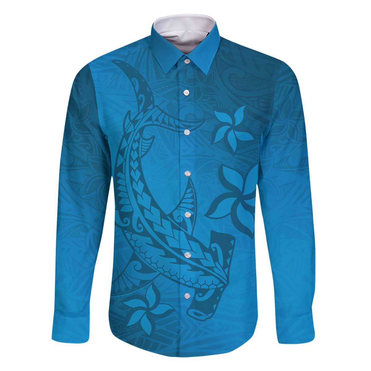 Blue Gradient Polynesia Family Matching Off The Shoulder Long Sleeve Dress and Hawaiian Shirt Hawaiian Tribal Hammerhead Shark Tattoo