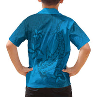 Blue Gradient Polynesia Family Matching Off Shoulder Maxi Dress and Hawaiian Shirt Hawaiian Tribal Hammerhead Shark Tattoo