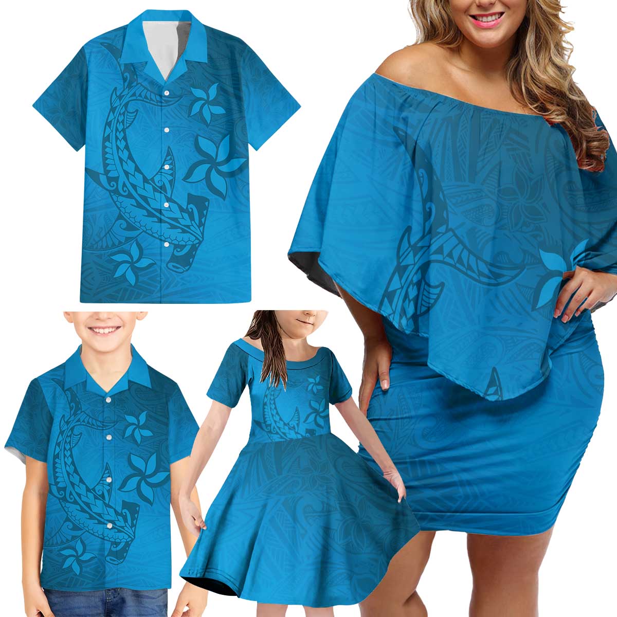 Blue Gradient Polynesia Family Matching Off Shoulder Short Dress and Hawaiian Shirt Hawaiian Tribal Hammerhead Shark Tattoo