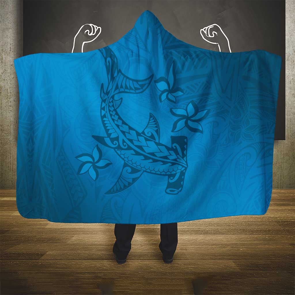 Blue Gradient Polynesia Hooded Blanket Hawaiian Tribal Hammerhead Shark Tattoo LT14 - Polynesian Pride