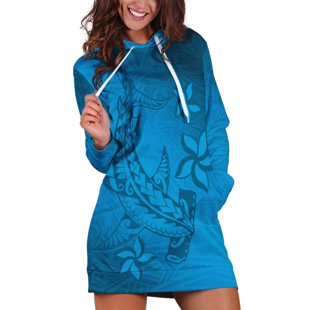 Blue Gradient Polynesia Hoodie Dress Hawaiian Tribal Hammerhead Shark Tattoo