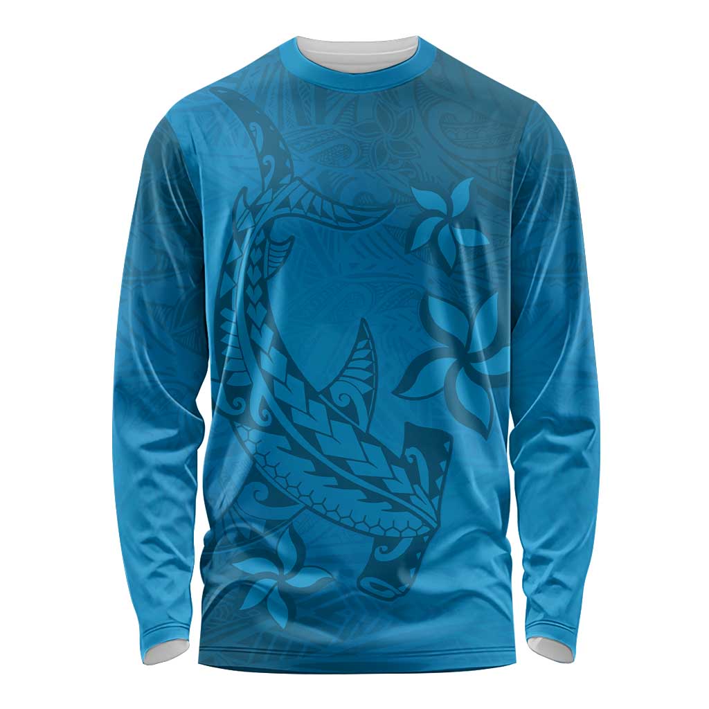 Blue Gradient Polynesia Long Sleeve Shirt Hawaiian Tribal Hammerhead Shark Tattoo