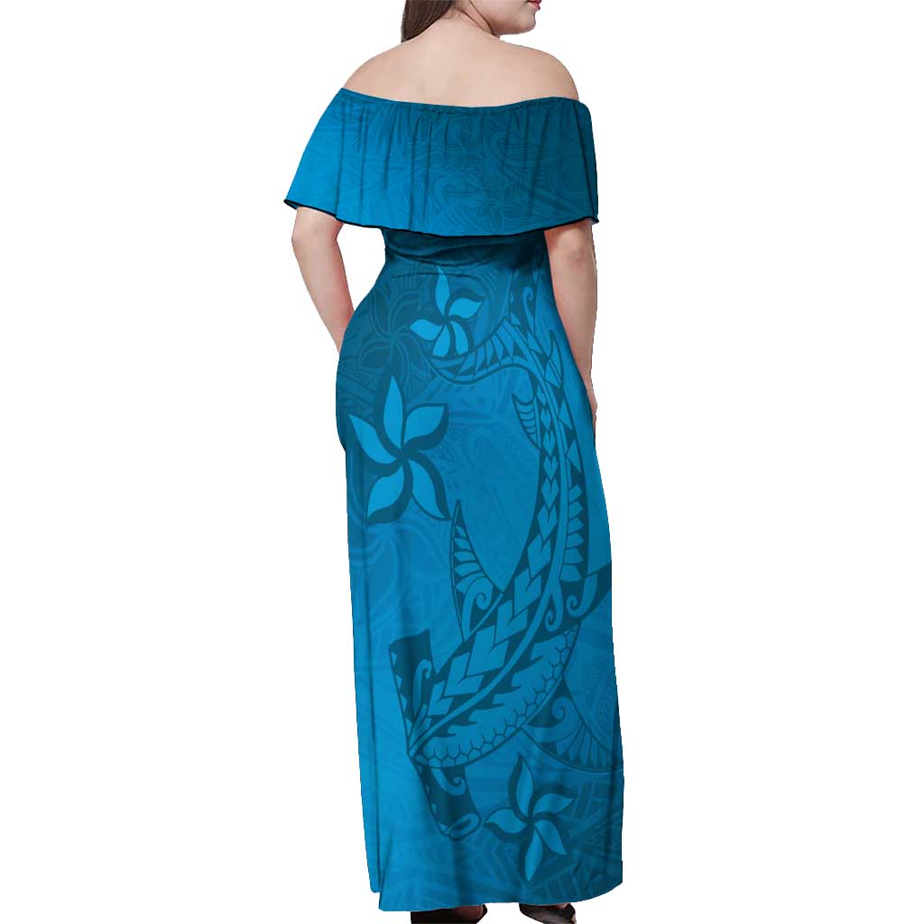 Blue Gradient Polynesia Off Shoulder Maxi Dress Hawaiian Tribal Hammerhead Shark Tattoo LT14 - Polynesian Pride