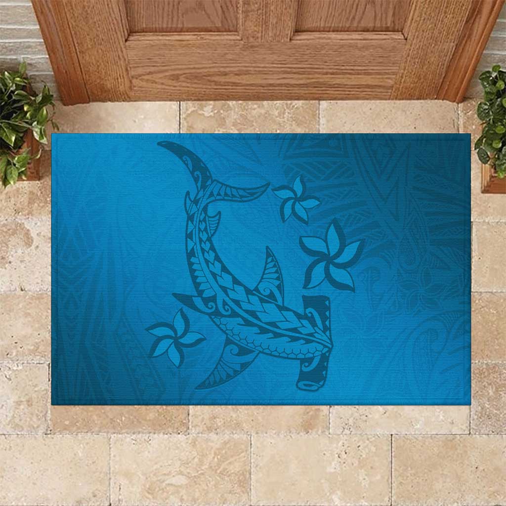 Blue Gradient Polynesia Rubber Doormat Hawaiian Tribal Hammerhead Shark Tattoo