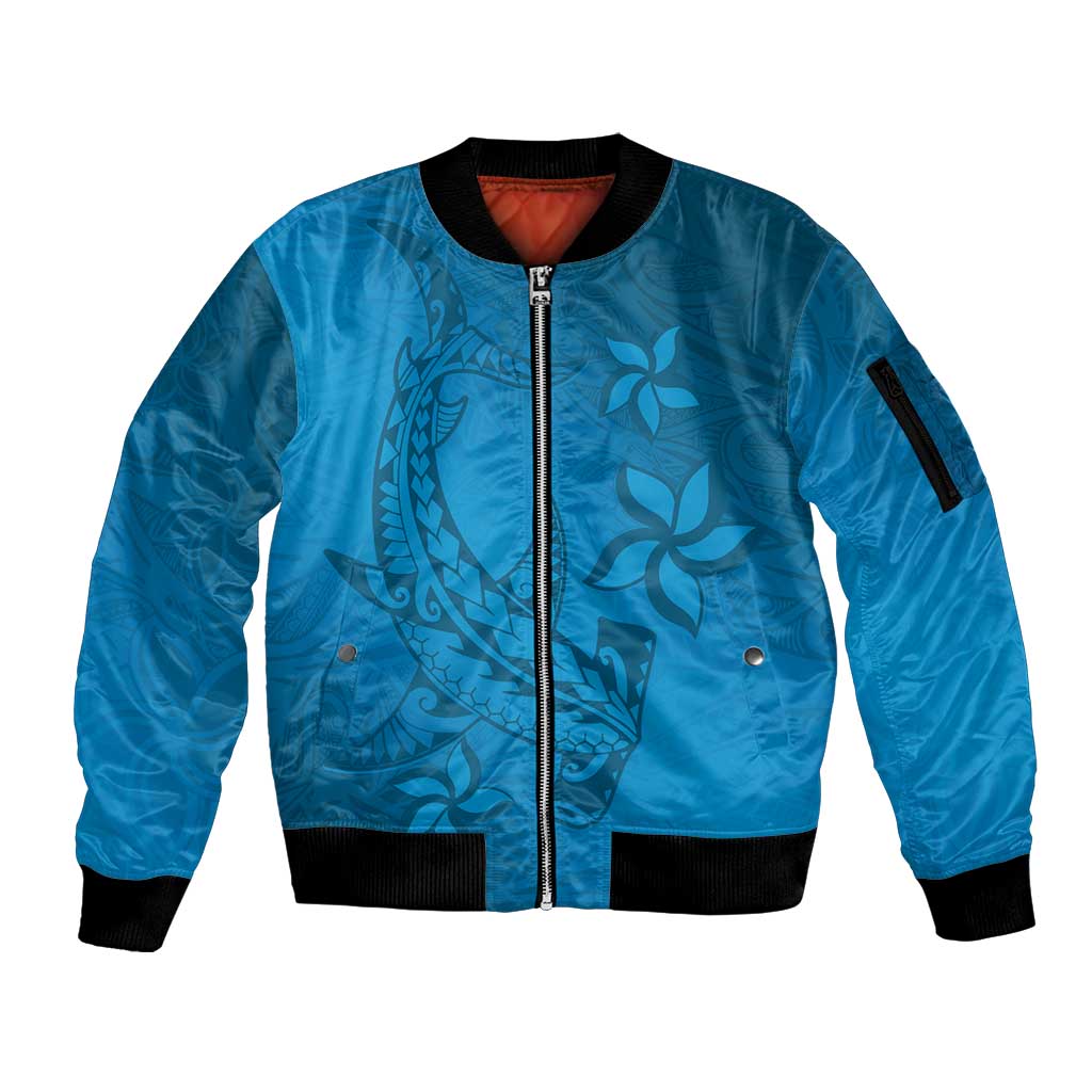 Blue Gradient Polynesia Sleeve Zip Bomber Jacket Hawaiian Tribal Hammerhead Shark Tattoo
