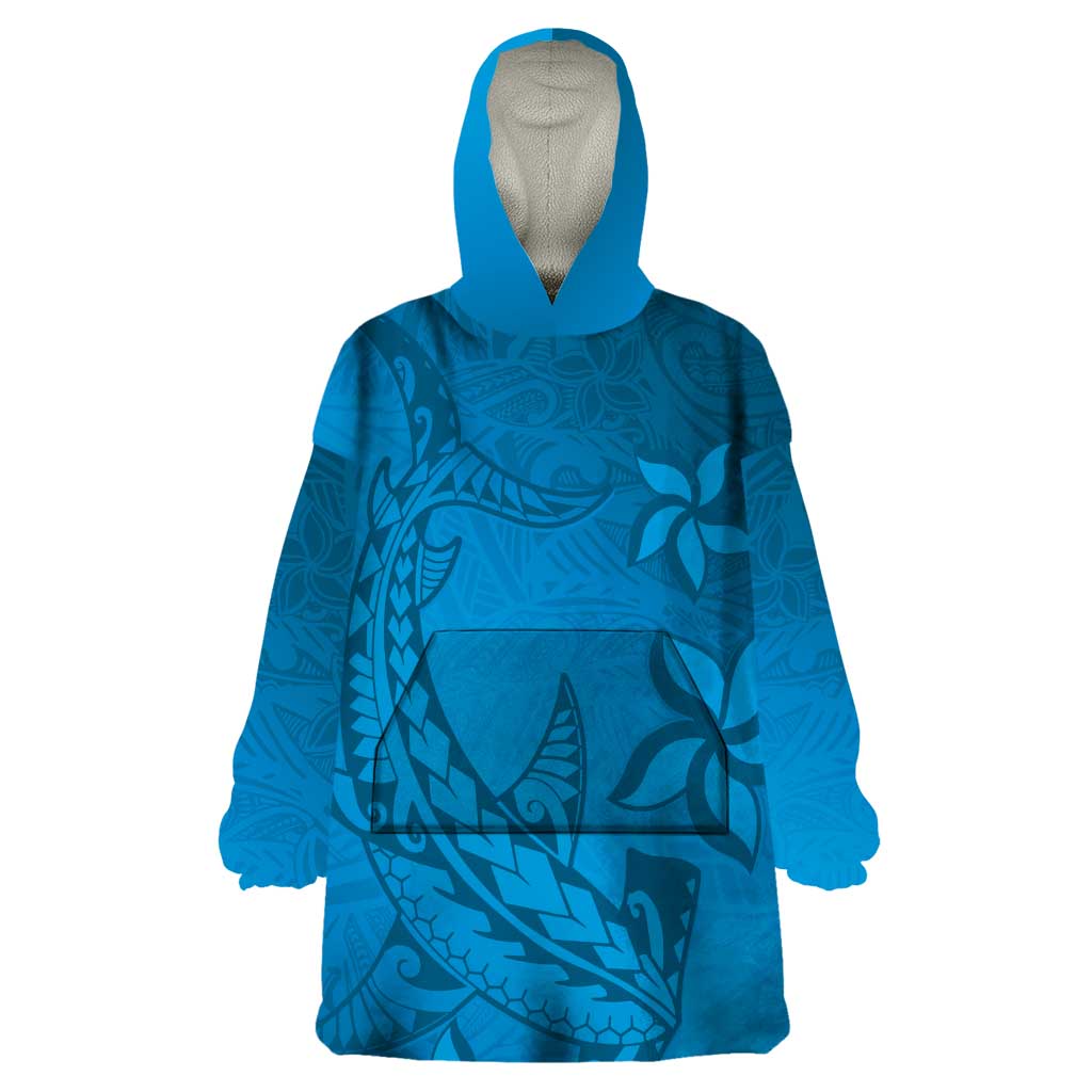 Blue Gradient Polynesia Wearable Blanket Hoodie Hawaiian Tribal Hammerhead Shark Tattoo