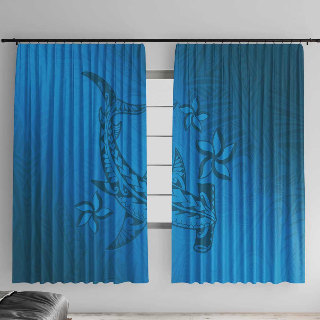 Blue Gradient Polynesia Window Curtain Hawaiian Tribal Hammerhead Shark Tattoo LT14 With Hooks Blue - Polynesian Pride