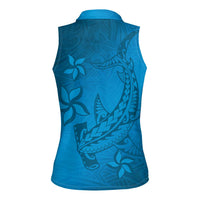 Blue Gradient Polynesia Women Sleeveless Polo Shirt Hawaiian Tribal Hammerhead Shark Tattoo