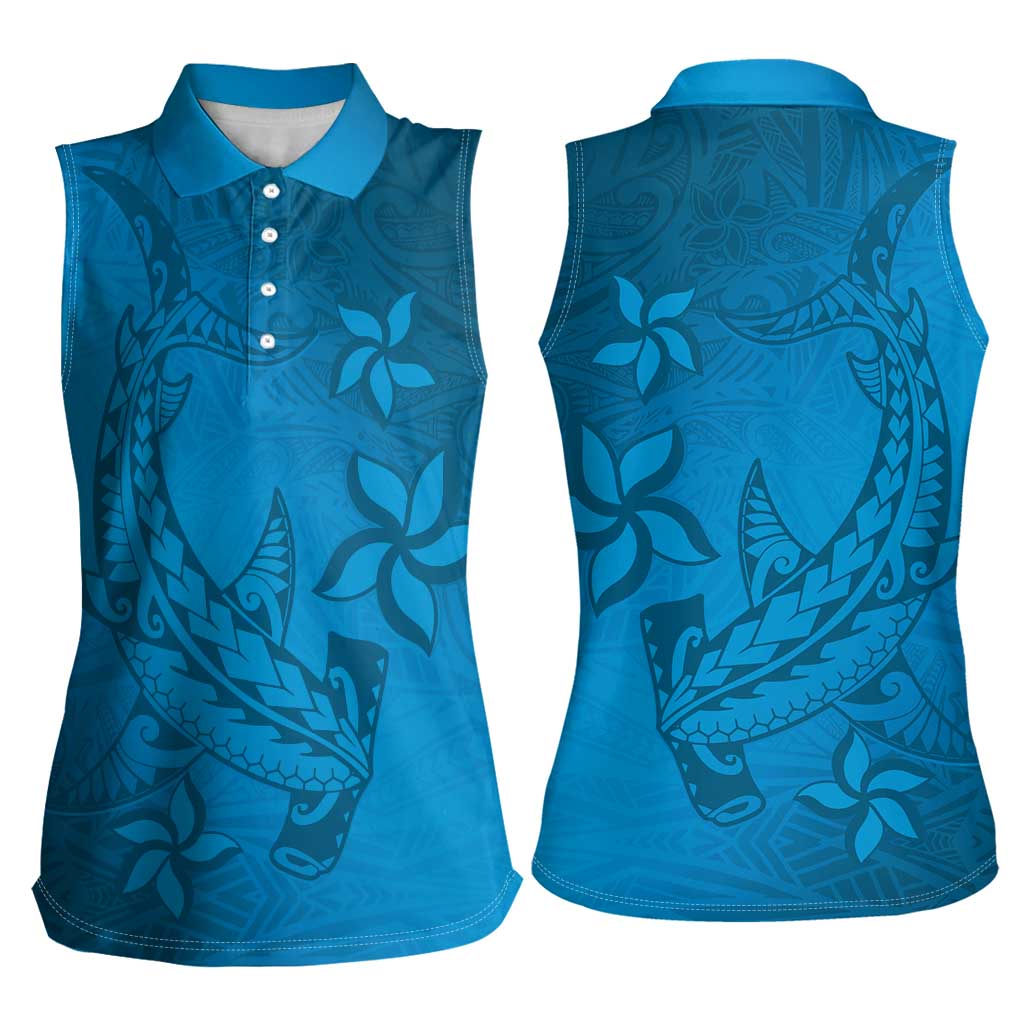 Blue Gradient Polynesia Women Sleeveless Polo Shirt Hawaiian Tribal Hammerhead Shark Tattoo