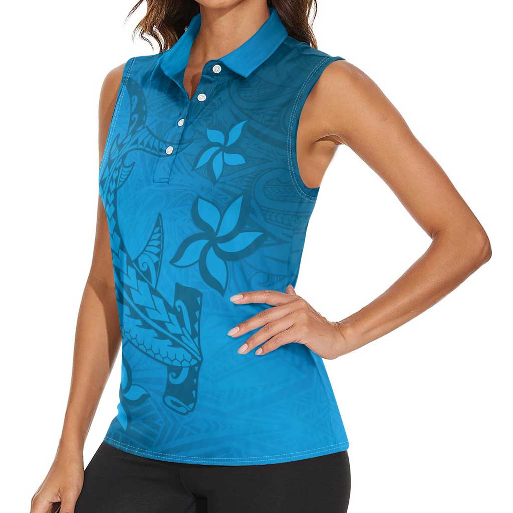 Blue Gradient Polynesia Women Sleeveless Polo Shirt Hawaiian Tribal Hammerhead Shark Tattoo