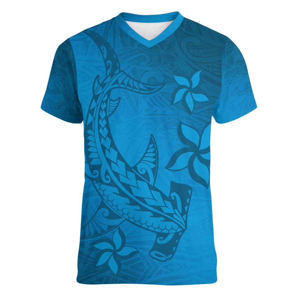 Blue Gradient Polynesia Women V-Neck T-Shirt Hawaiian Tribal Hammerhead Shark Tattoo