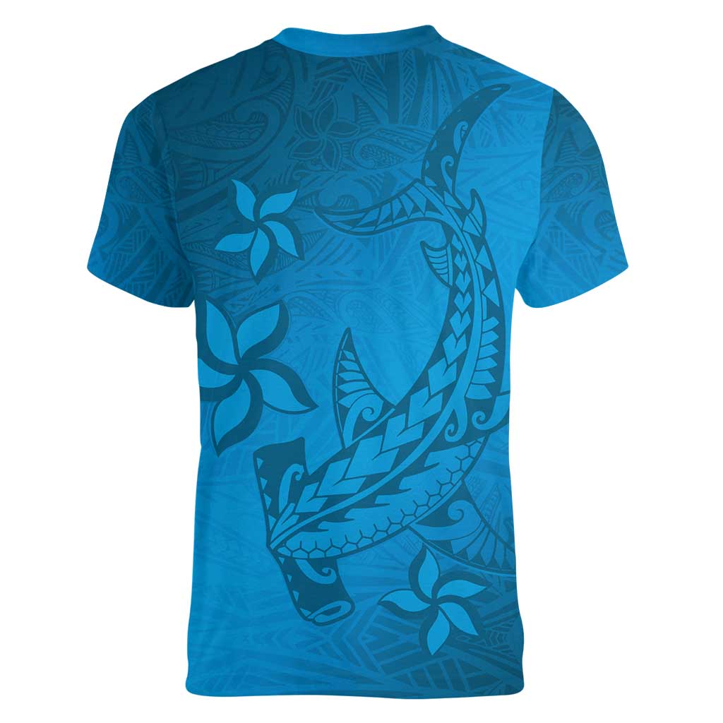 Blue Gradient Polynesia Women V-Neck T-Shirt Hawaiian Tribal Hammerhead Shark Tattoo