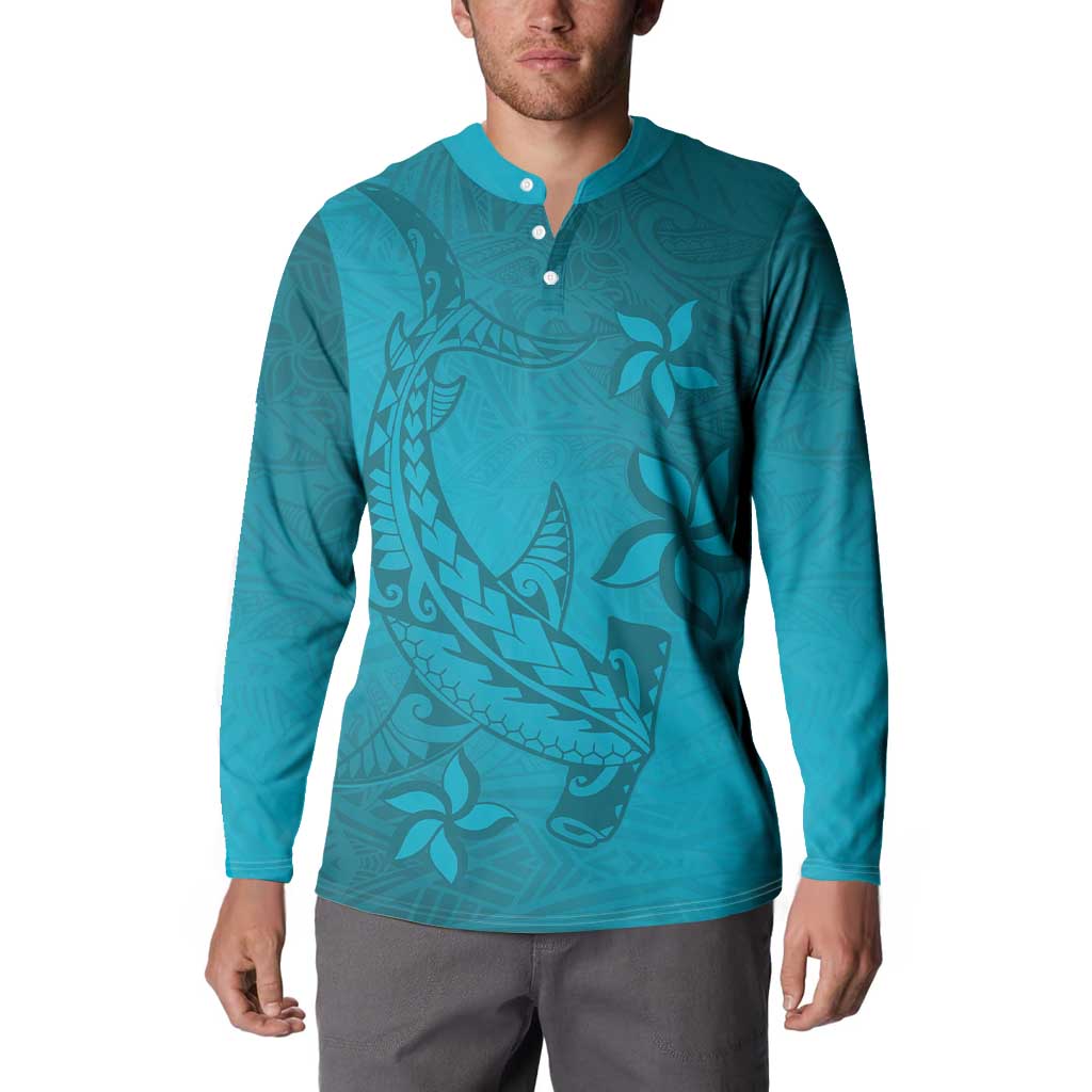 Dark Cyan Gradient Polynesia Button Sweatshirt Hawaiian Tribal Hammerhead Shark Tattoo LT14 - Polynesian Pride