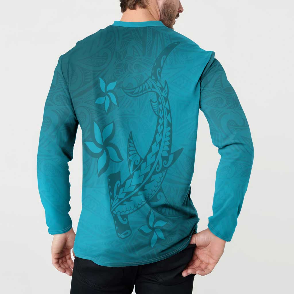 Dark Cyan Gradient Polynesia Button Sweatshirt Hawaiian Tribal Hammerhead Shark Tattoo LT14 - Polynesian Pride