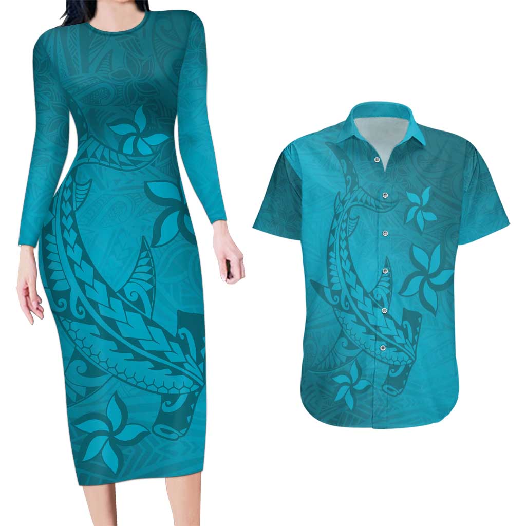 Dark Cyan Gradient Polynesia Couples Matching Long Sleeve Bodycon Dress and Hawaiian Shirt Hawaiian Tribal Hammerhead Shark Tattoo