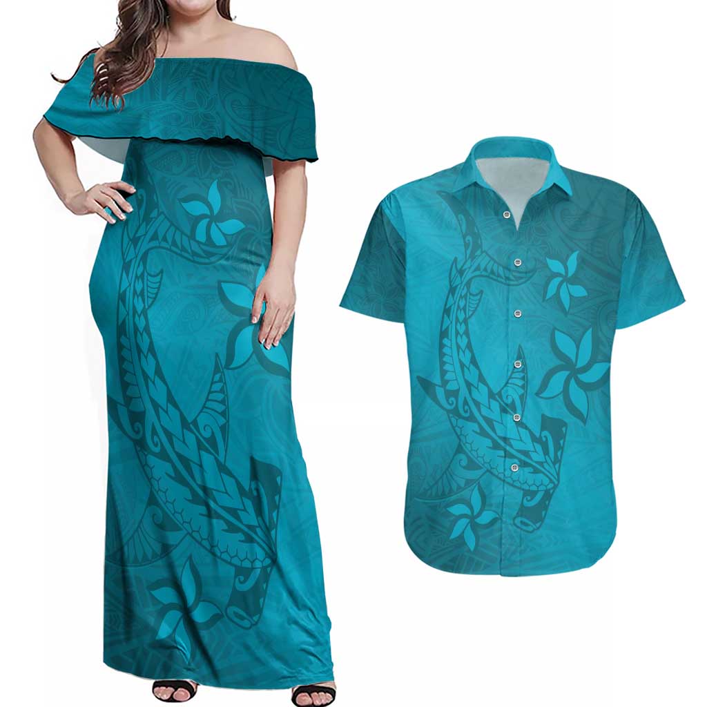 Dark Cyan Gradient Polynesia Couples Matching Off Shoulder Maxi Dress and Hawaiian Shirt Hawaiian Tribal Hammerhead Shark Tattoo