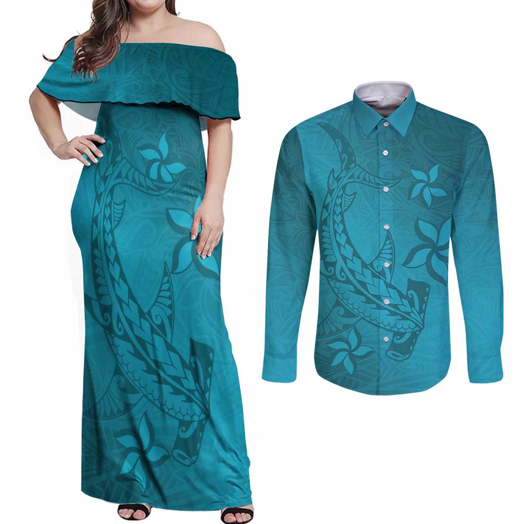 Dark Cyan Gradient Polynesia Couples Matching Off Shoulder Maxi Dress and Long Sleeve Button Shirt Hawaiian Tribal Hammerhead Shark Tattoo LT14 Dark Cyan - Polynesian Pride