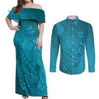 Dark Cyan Gradient Polynesia Couples Matching Off Shoulder Maxi Dress and Long Sleeve Button Shirt Hawaiian Tribal Hammerhead Shark Tattoo LT14 Dark Cyan - Polynesian Pride