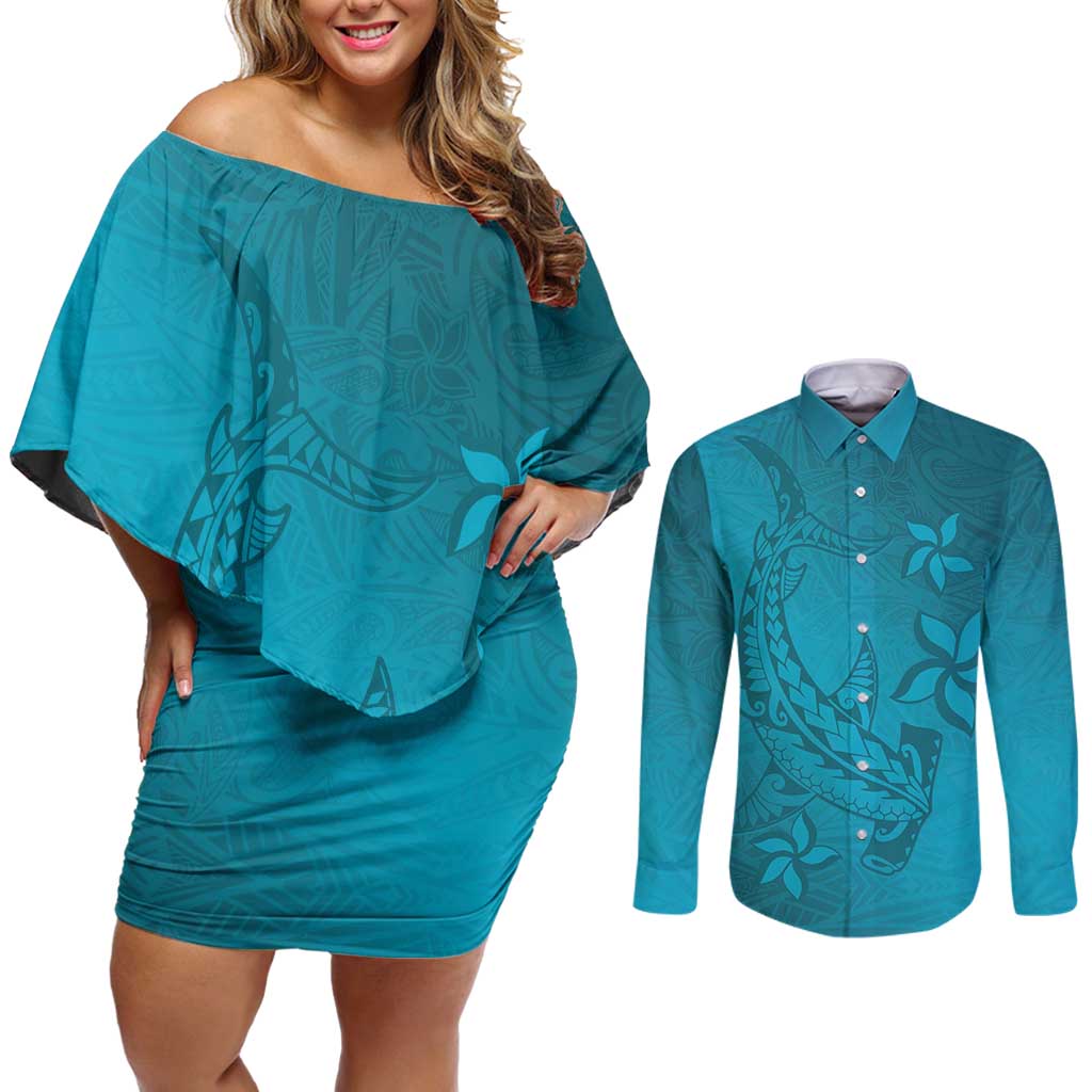 Dark Cyan Gradient Polynesia Couples Matching Off Shoulder Short Dress and Long Sleeve Button Shirt Hawaiian Tribal Hammerhead Shark Tattoo LT14 Dark Cyan - Polynesian Pride