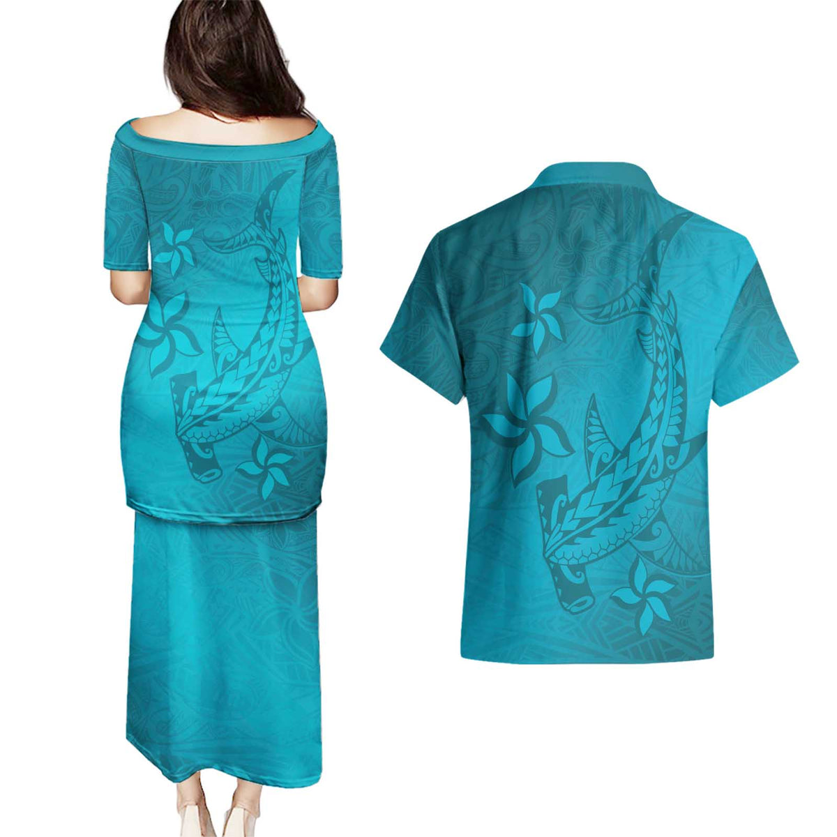 Dark Cyan Gradient Polynesia Couples Matching Puletasi and Hawaiian Shirt Hawaiian Tribal Hammerhead Shark Tattoo LT14 - Polynesian Pride