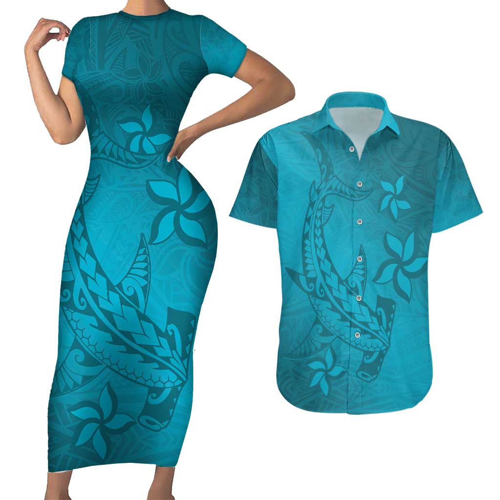 Dark Cyan Gradient Polynesia Couples Matching Short Sleeve Bodycon Dress and Hawaiian Shirt Hawaiian Tribal Hammerhead Shark Tattoo LT14 Dark Cyan - Polynesian Pride
