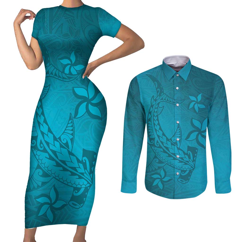 Dark Cyan Gradient Polynesia Couples Matching Short Sleeve Bodycon Dress and Long Sleeve Button Shirt Hawaiian Tribal Hammerhead Shark Tattoo LT14 Dark Cyan - Polynesian Pride