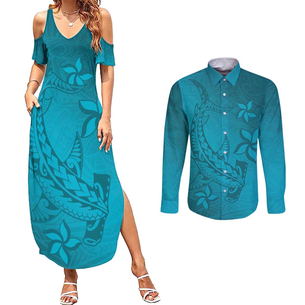 Dark Cyan Gradient Polynesia Couples Matching Summer Maxi Dress and Long Sleeve Button Shirt Hawaiian Tribal Hammerhead Shark Tattoo LT14 Dark Cyan - Polynesian Pride