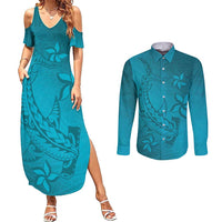 Dark Cyan Gradient Polynesia Couples Matching Summer Maxi Dress and Long Sleeve Button Shirt Hawaiian Tribal Hammerhead Shark Tattoo LT14 Dark Cyan - Polynesian Pride