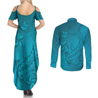 Dark Cyan Gradient Polynesia Couples Matching Summer Maxi Dress and Long Sleeve Button Shirt Hawaiian Tribal Hammerhead Shark Tattoo LT14 - Polynesian Pride