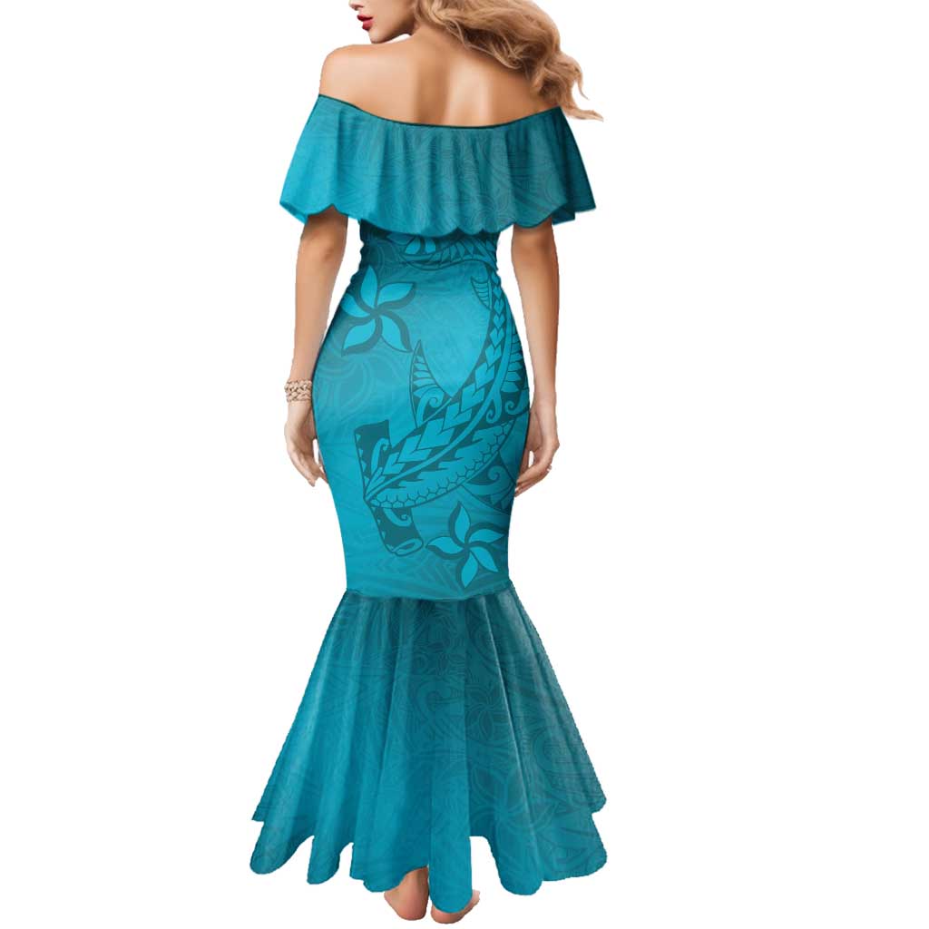 Dark Cyan Gradient Polynesia Family Matching Mermaid Dress and Hawaiian Shirt Hawaiian Tribal Hammerhead Shark Tattoo