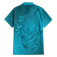 Dark Cyan Gradient Polynesia Family Matching Off The Shoulder Long Sleeve Dress and Hawaiian Shirt Hawaiian Tribal Hammerhead Shark Tattoo
