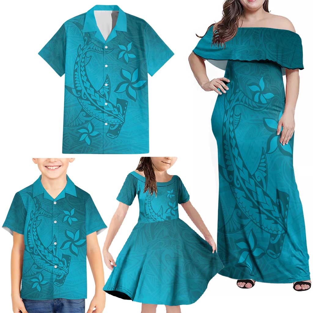 Dark Cyan Gradient Polynesia Family Matching Off Shoulder Maxi Dress and Hawaiian Shirt Hawaiian Tribal Hammerhead Shark Tattoo