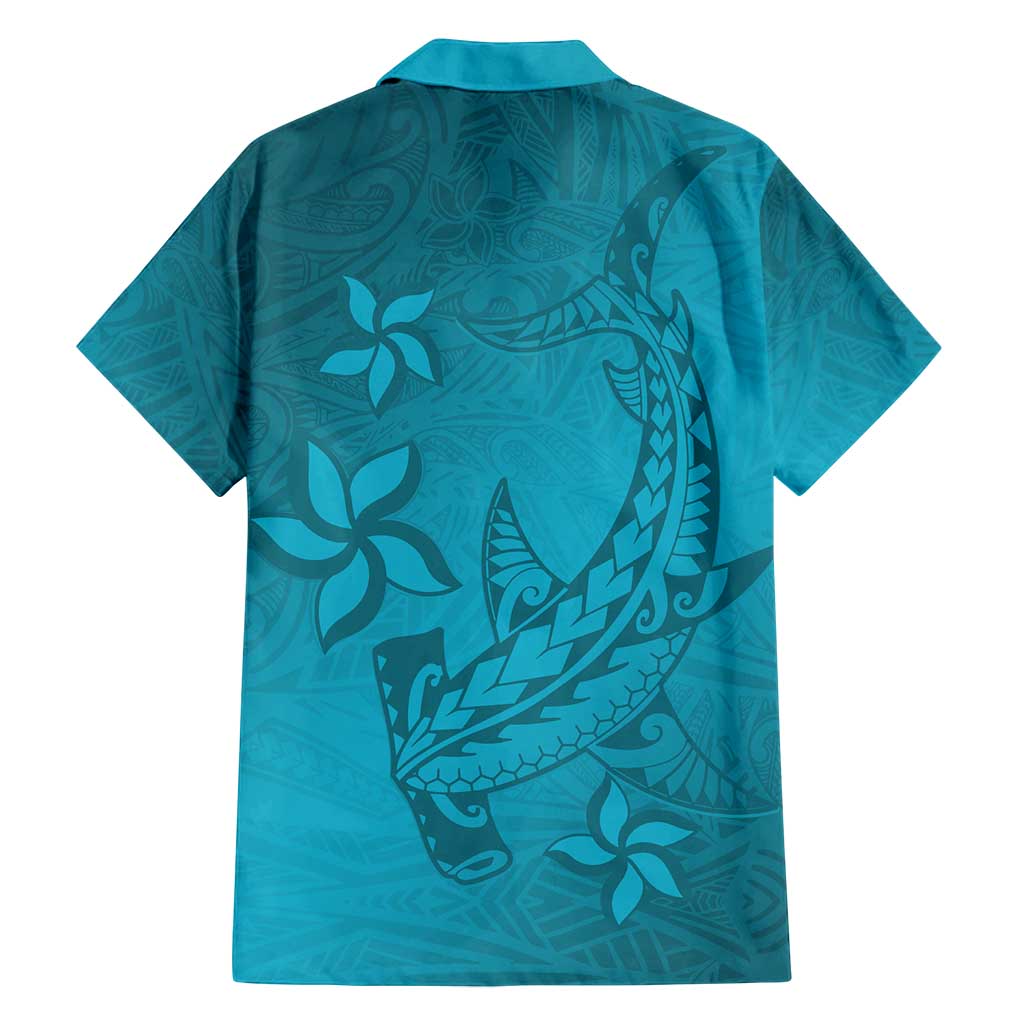 Dark Cyan Gradient Polynesia Family Matching Off Shoulder Maxi Dress and Hawaiian Shirt Hawaiian Tribal Hammerhead Shark Tattoo