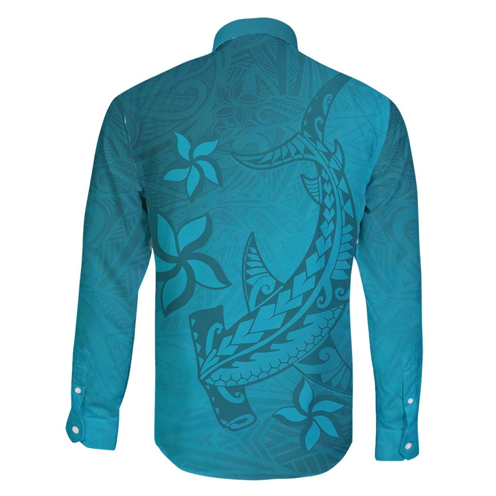 Dark Cyan Gradient Polynesia Family Matching Off Shoulder Maxi Dress and Hawaiian Shirt Hawaiian Tribal Hammerhead Shark Tattoo
