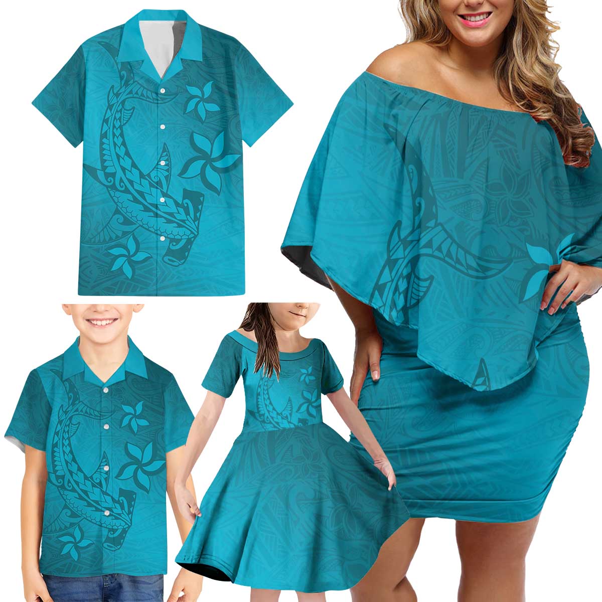 Dark Cyan Gradient Polynesia Family Matching Off Shoulder Short Dress and Hawaiian Shirt Hawaiian Tribal Hammerhead Shark Tattoo