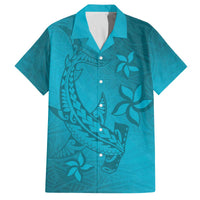 Dark Cyan Gradient Polynesia Family Matching Puletasi and Hawaiian Shirt Hawaiian Tribal Hammerhead Shark Tattoo LT14 Dad's Shirt - Short Sleeve Dark Cyan - Polynesian Pride
