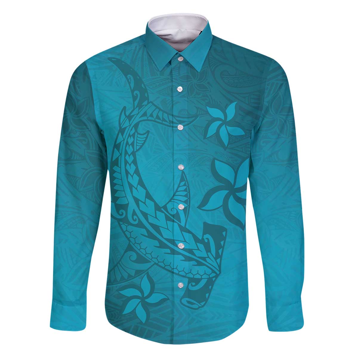 Dark Cyan Gradient Polynesia Family Matching Puletasi and Hawaiian Shirt Hawaiian Tribal Hammerhead Shark Tattoo LT14 Dad's Shirt - Long Sleeve Dark Cyan - Polynesian Pride