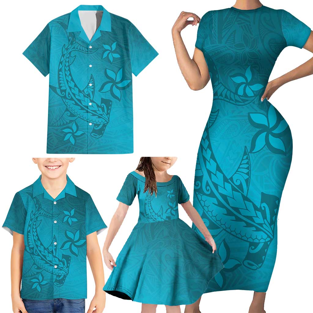 Dark Cyan Gradient Polynesia Family Matching Short Sleeve Bodycon Dress and Hawaiian Shirt Hawaiian Tribal Hammerhead Shark Tattoo