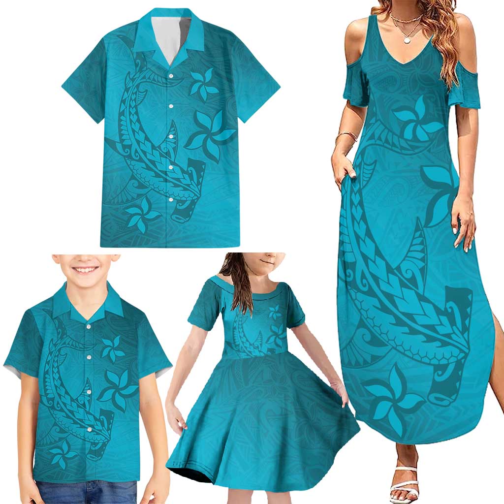 Dark Cyan Gradient Polynesia Family Matching Summer Maxi Dress and Hawaiian Shirt Hawaiian Tribal Hammerhead Shark Tattoo