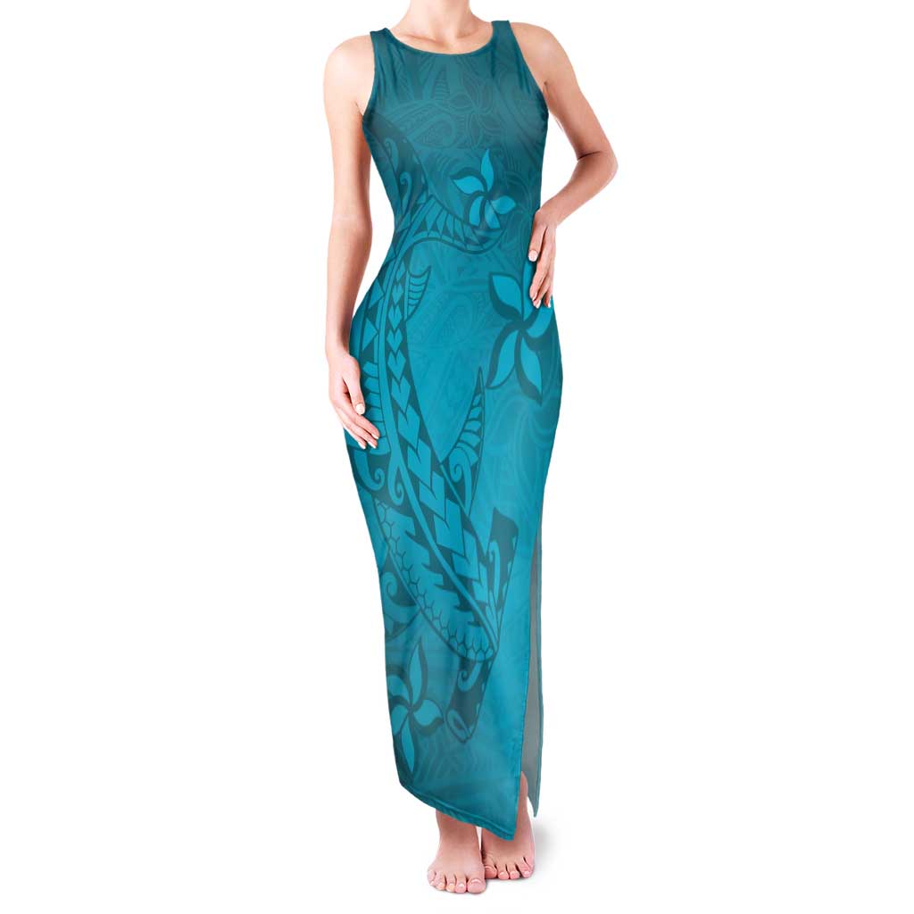 Dark Cyan Gradient Polynesia Family Matching Tank Maxi Dress and Hawaiian Shirt Hawaiian Tribal Hammerhead Shark Tattoo