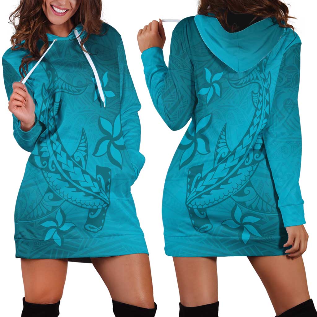 Dark Cyan Gradient Polynesia Hoodie Dress Hawaiian Tribal Hammerhead Shark Tattoo LT14 - Polynesian Pride