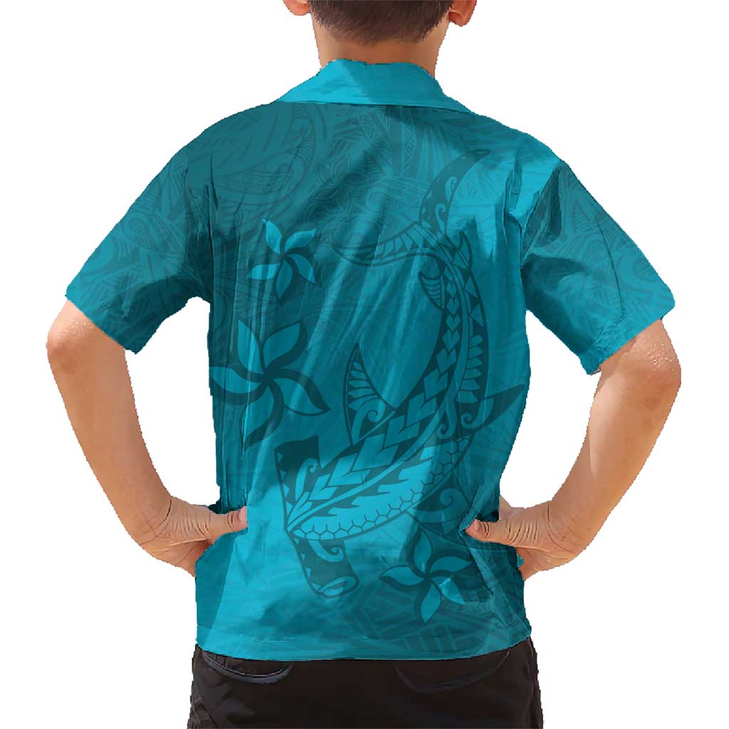 Dark Cyan Gradient Polynesia Kid Hawaiian Shirt Hawaiian Tribal Hammerhead Shark Tattoo