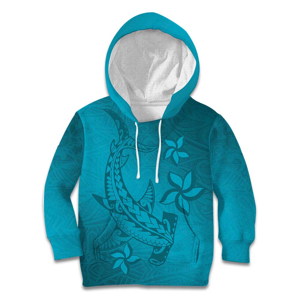 Dark Cyan Gradient Polynesia Kid Hoodie Hawaiian Tribal Hammerhead Shark Tattoo