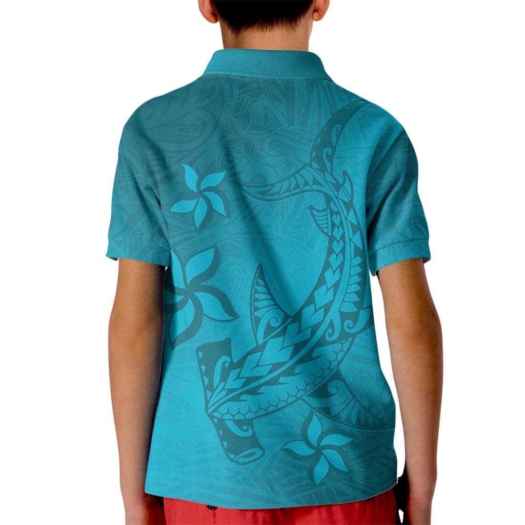 Dark Cyan Gradient Polynesia Kid Polo Shirt Hawaiian Tribal Hammerhead Shark Tattoo